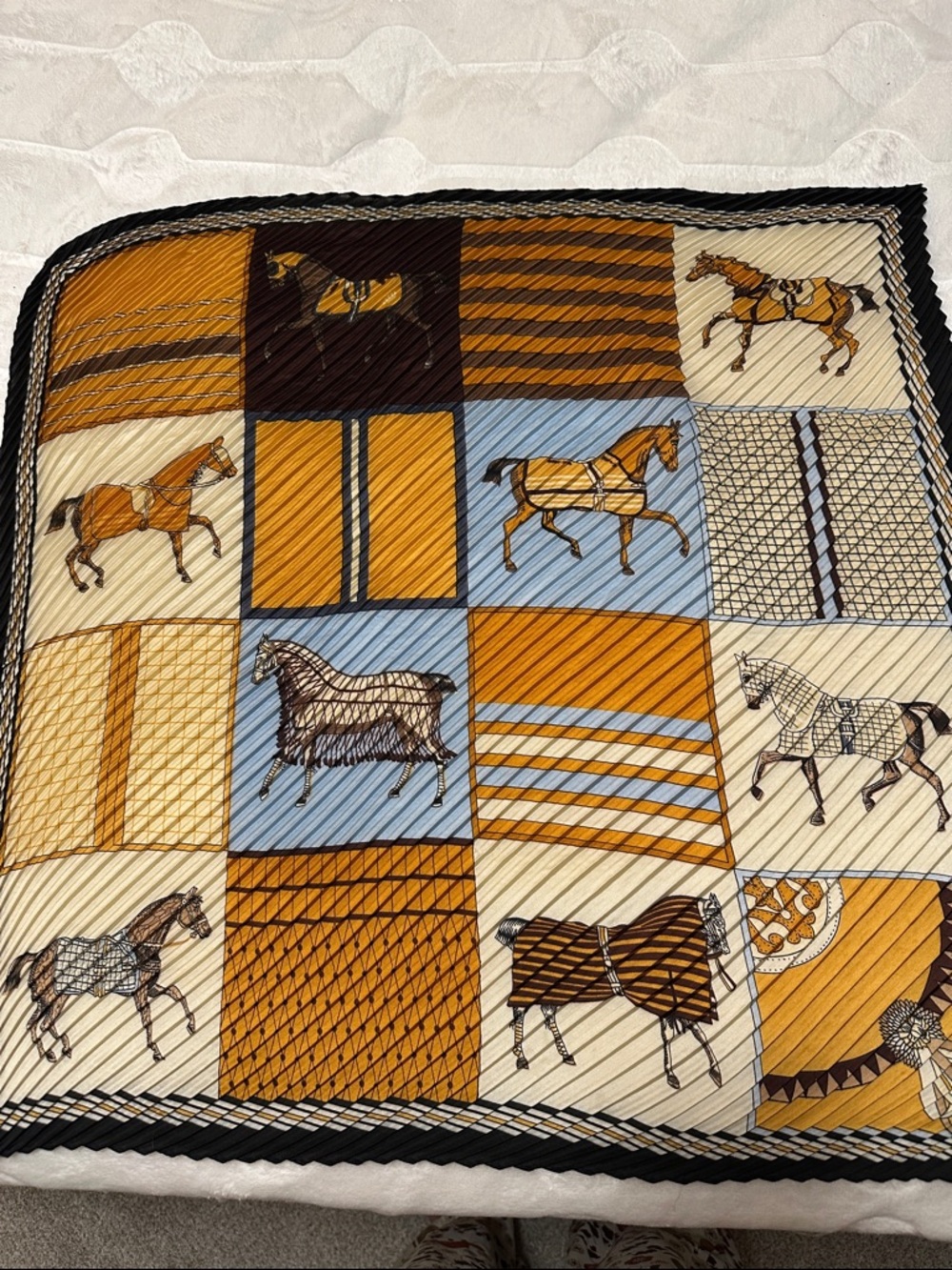 Equestrian Patchwork Silk-Feel Scarf in Mustard, Light Blue & Cream